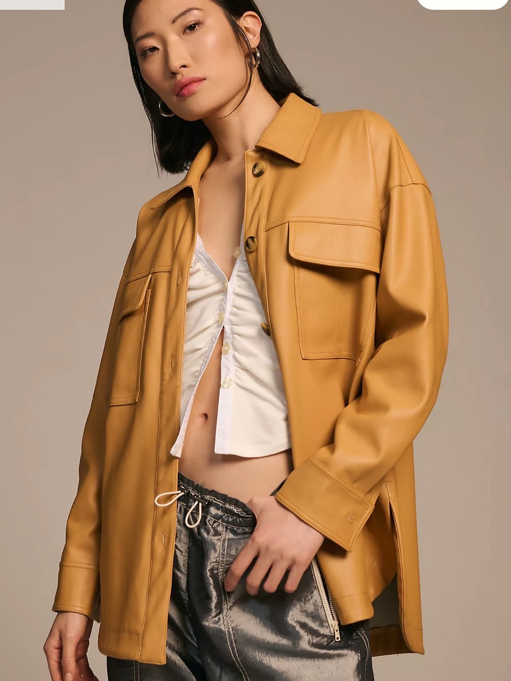 Maeve light sandy tan Faux Leather Shirt Jacket oversized size small